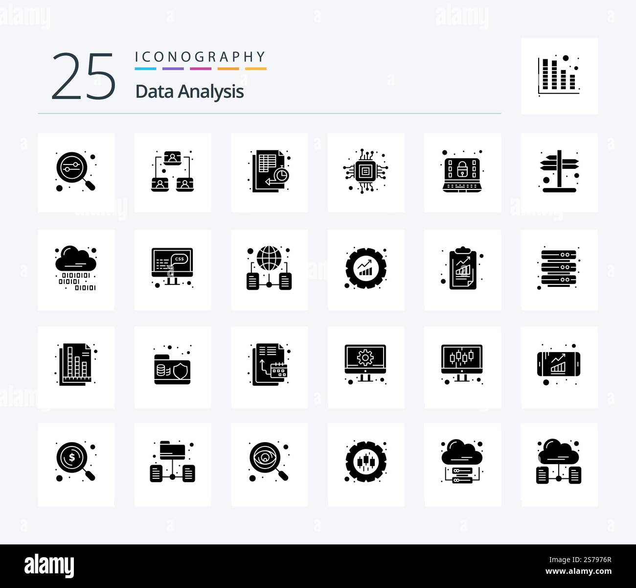 Data Analysis 25 Solid Glyph icon pack including microchip. computer. user. chip. time Stock Vector