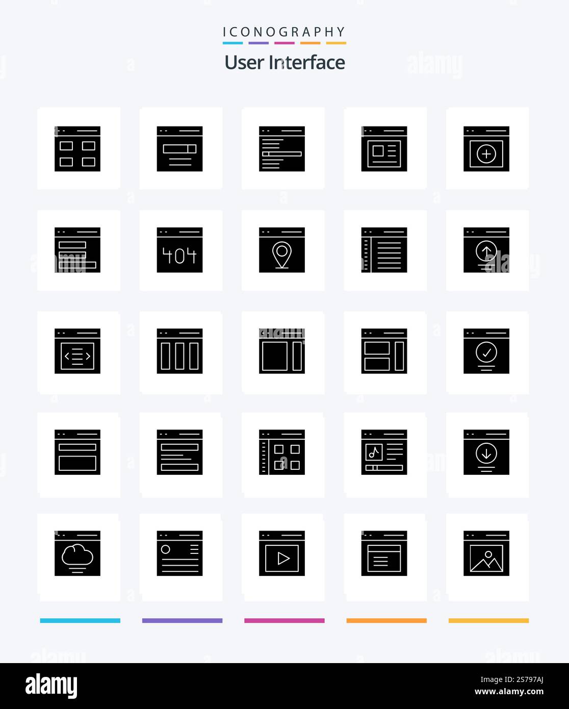 Creative User Interface 25 Glyph Solid Black icon pack  Such As upload. communication. search.. interface Stock Vector