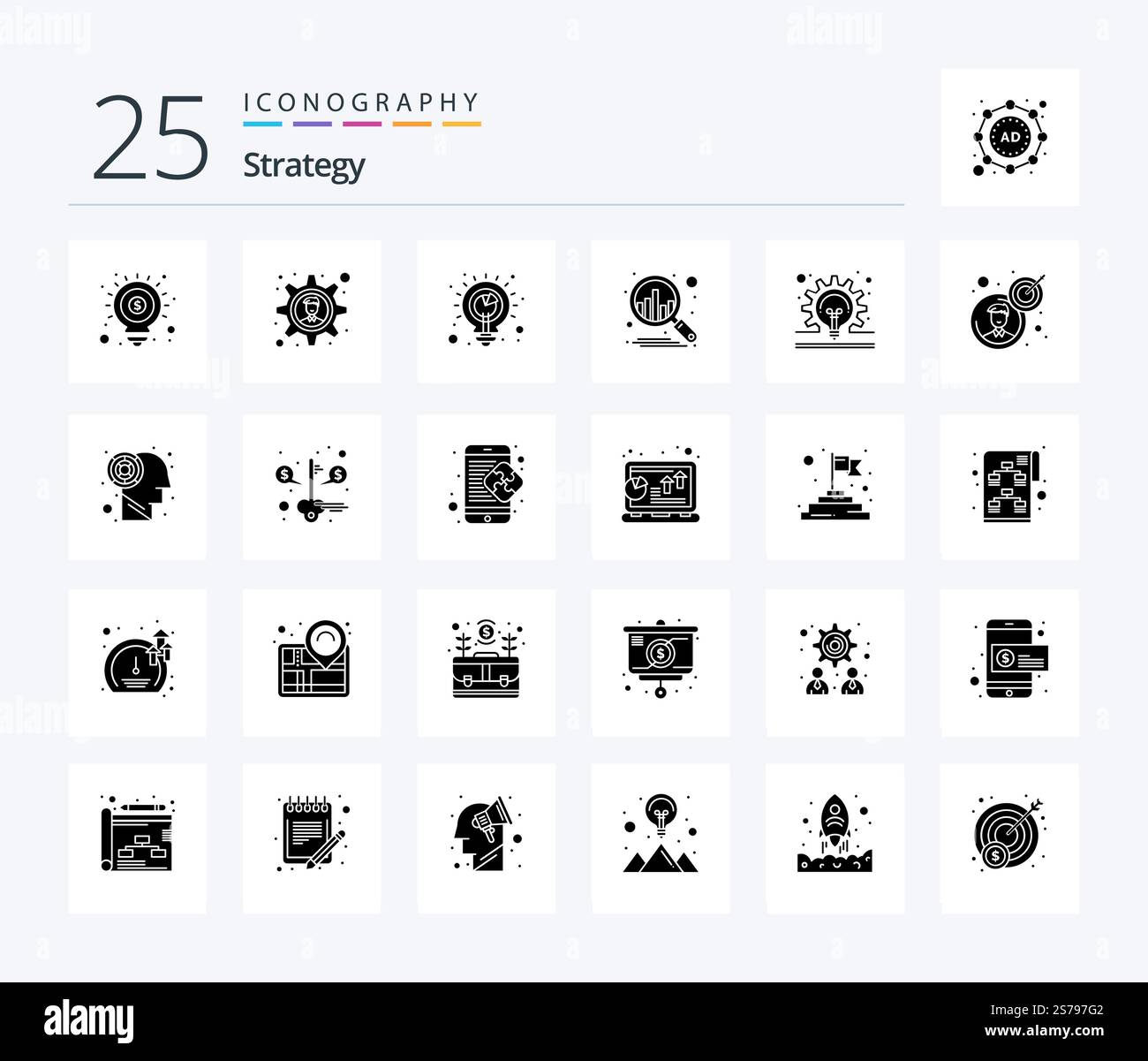 Strategy 25 Solid Glyph icon pack including idea. concept. solution. bulb. plan Stock Vector