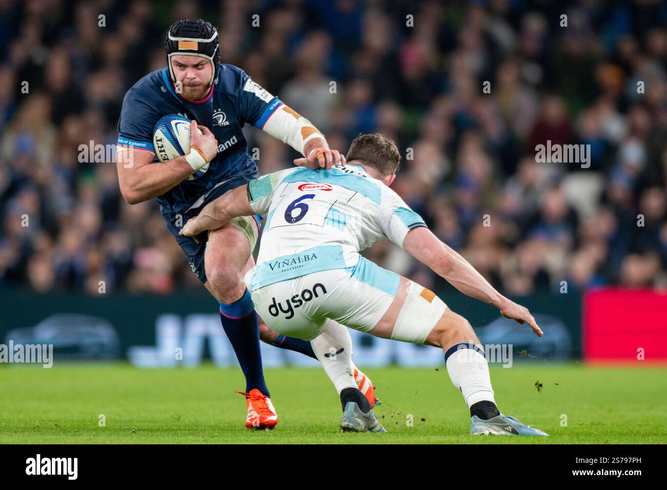 James Ryan of Leinster tackled by Ted Hill of Bath during the Investec ...