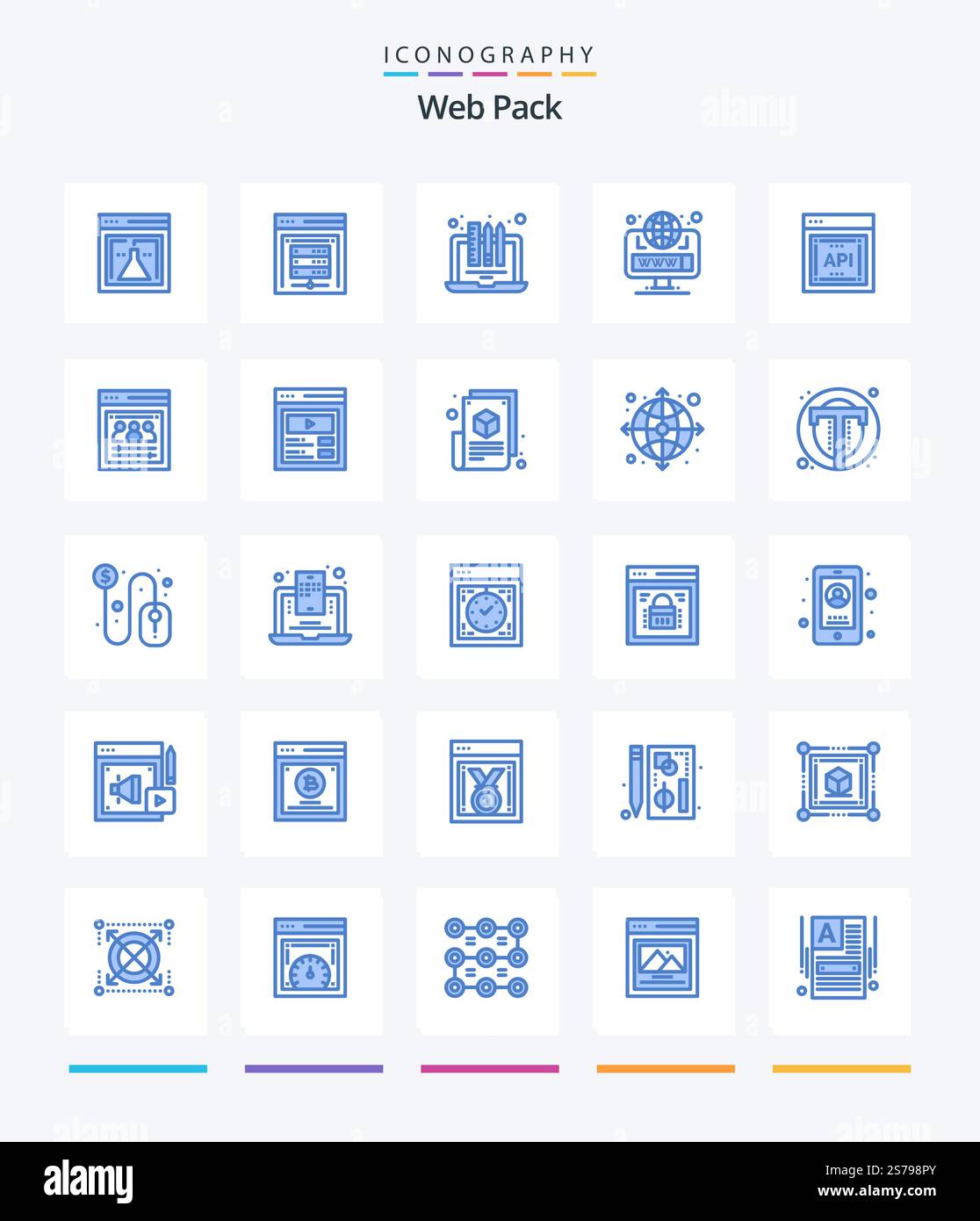 Creative Web Pack 25 Blue icon pack  Such As api. site. design. globe. pencil Stock Vector