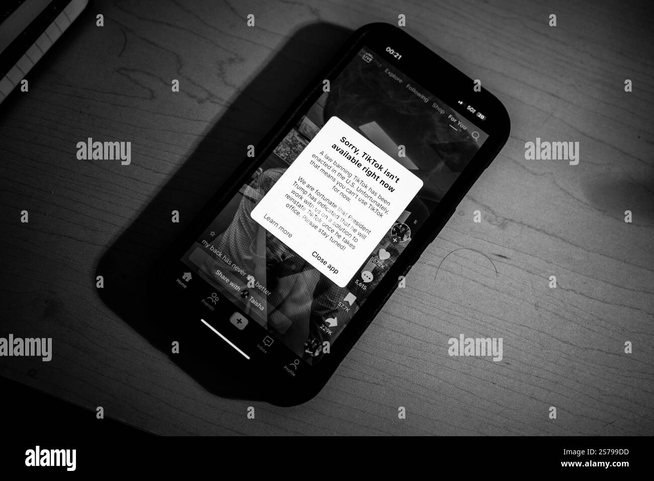 January 12, 2025, United States of America: The U.S. version of TikTok has officially shut down with the app being legally banned by the RESTRICT Act with users being greeted by a message reading: .'Sorry, TikTok isn't available right now.A law banning TikTok has been enacted in the U.S. Unfortunately, that means you can't use TikTok for now.We are fortunate that President Trump has indicated that he will work with us on a solution to reinstate TikTok once he takes office. Please stay tuned! (Credit Image: © Taidgh Barron/ZUMA Press Wire) EDITORIAL USAGE ONLY! Not for Commercial USAGE! Stock Photo