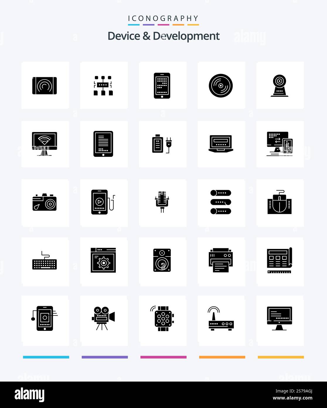 Creative Device And Development 25 Glyph Solid Black icon pack  Such As webcam. education. mobile. disk. cd Stock Vector