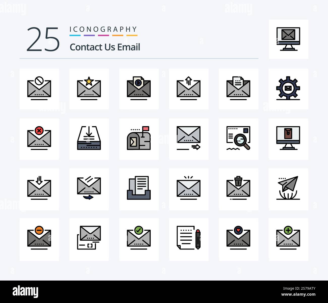 Email 25 Line Filled icon pack including email. copy. email. upload. letter Stock Vector