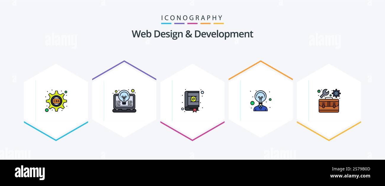 Web Design And Development 25 FilledLine icon pack including kit. idea. light. creativity. design Stock Vector