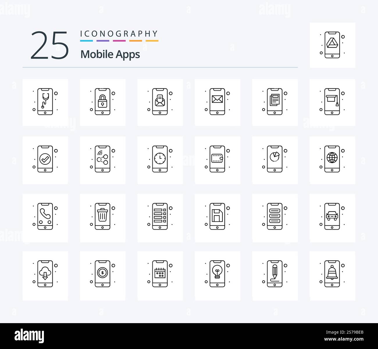 Mobile Apps 25 Line icon pack including email. message. mobile. app. mobile Stock Vector