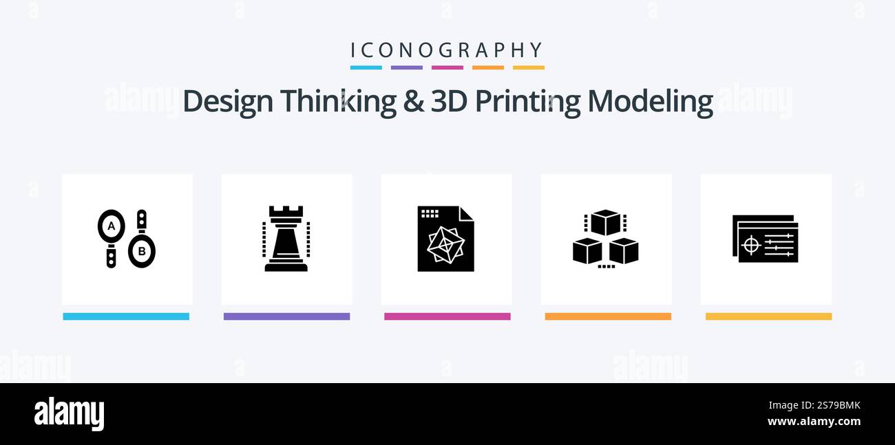 Design Thinking And D Printing Modeling Glyph 5 Icon Pack Including target. setting. file. shepping. delivrey. Creative Icons Design Stock Vector