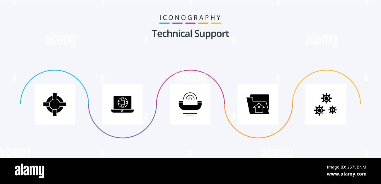 Technical Support Glyph 5 Icon Pack Including gears. service. help. setting. home Stock Vector