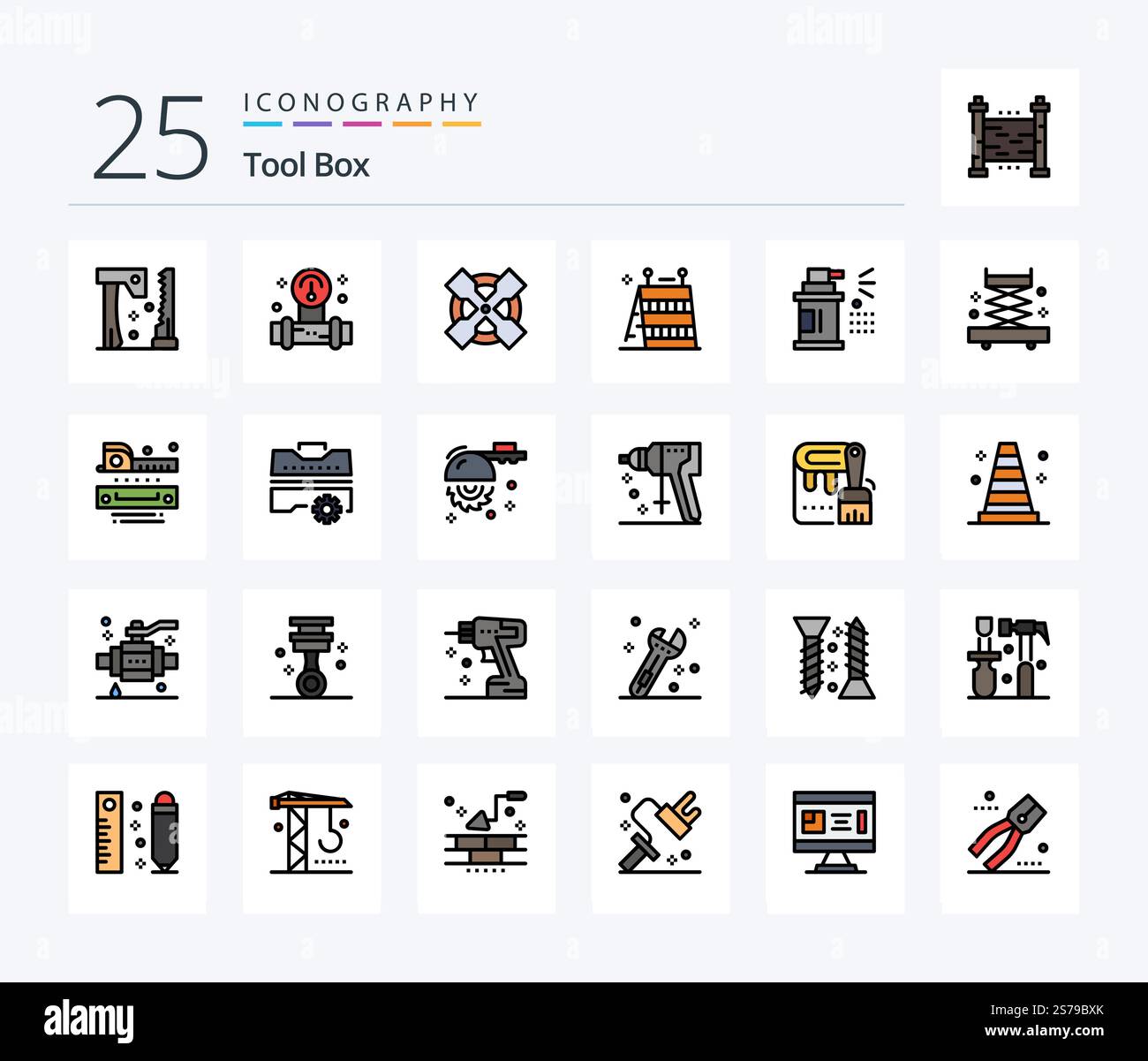 Tools 25 Line Filled icon pack including spray. bottle. tools. tools. construction Stock Vector
