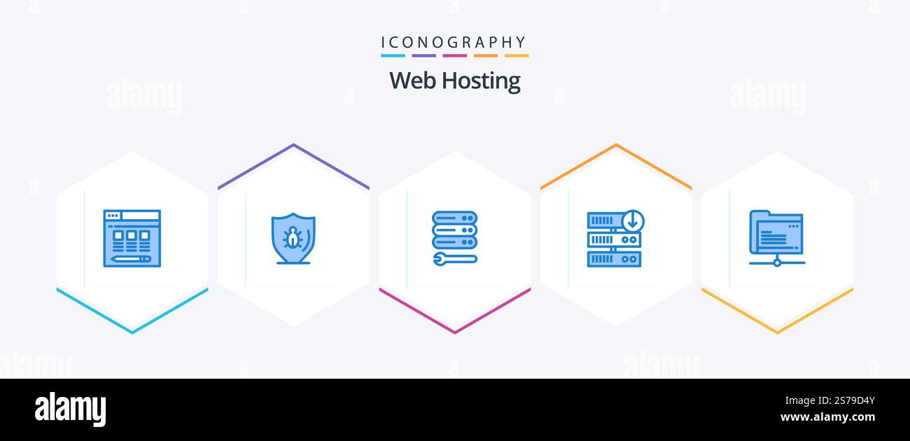 Web Hosting 25 Blue icon pack including folder. server download. server. server downgrade. downgrade Stock Vector