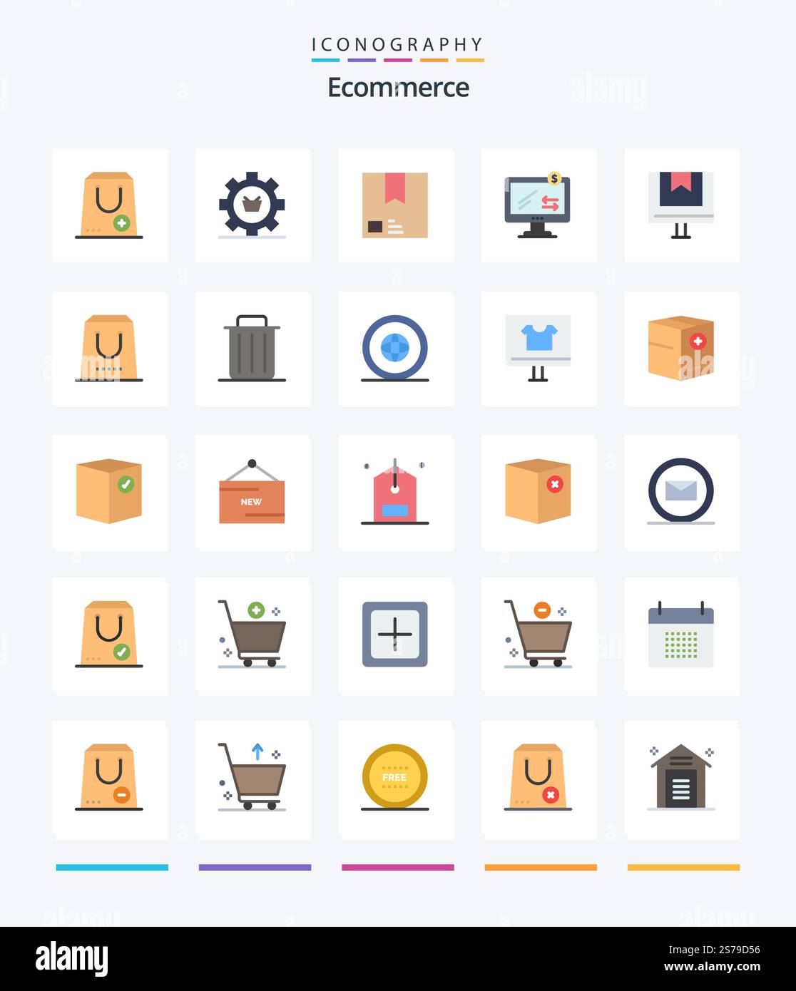 Creative Ecommerce 25 Flat icon pack  Such As ecommerce. online. gear. shipment. package Stock Vector