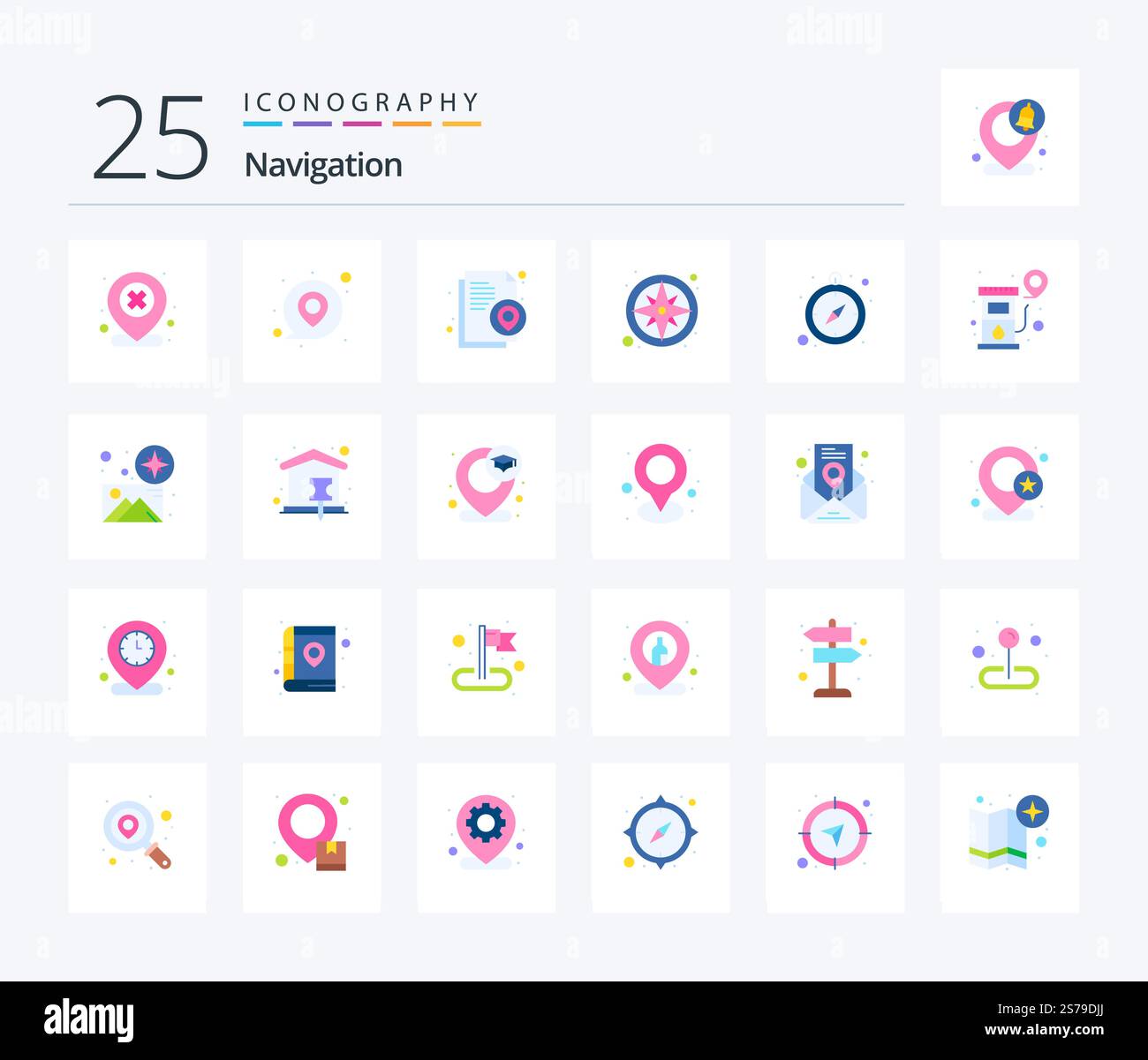 Navigation 25 Flat Color icon pack including navigation. compass. map. gps. pinpoint Stock Vector