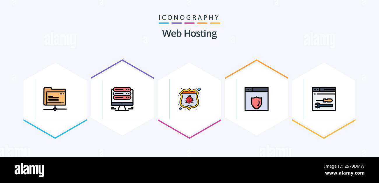 Web Hosting 25 FilledLine icon pack including tools. development. antivirus. shield. web server Stock Vector