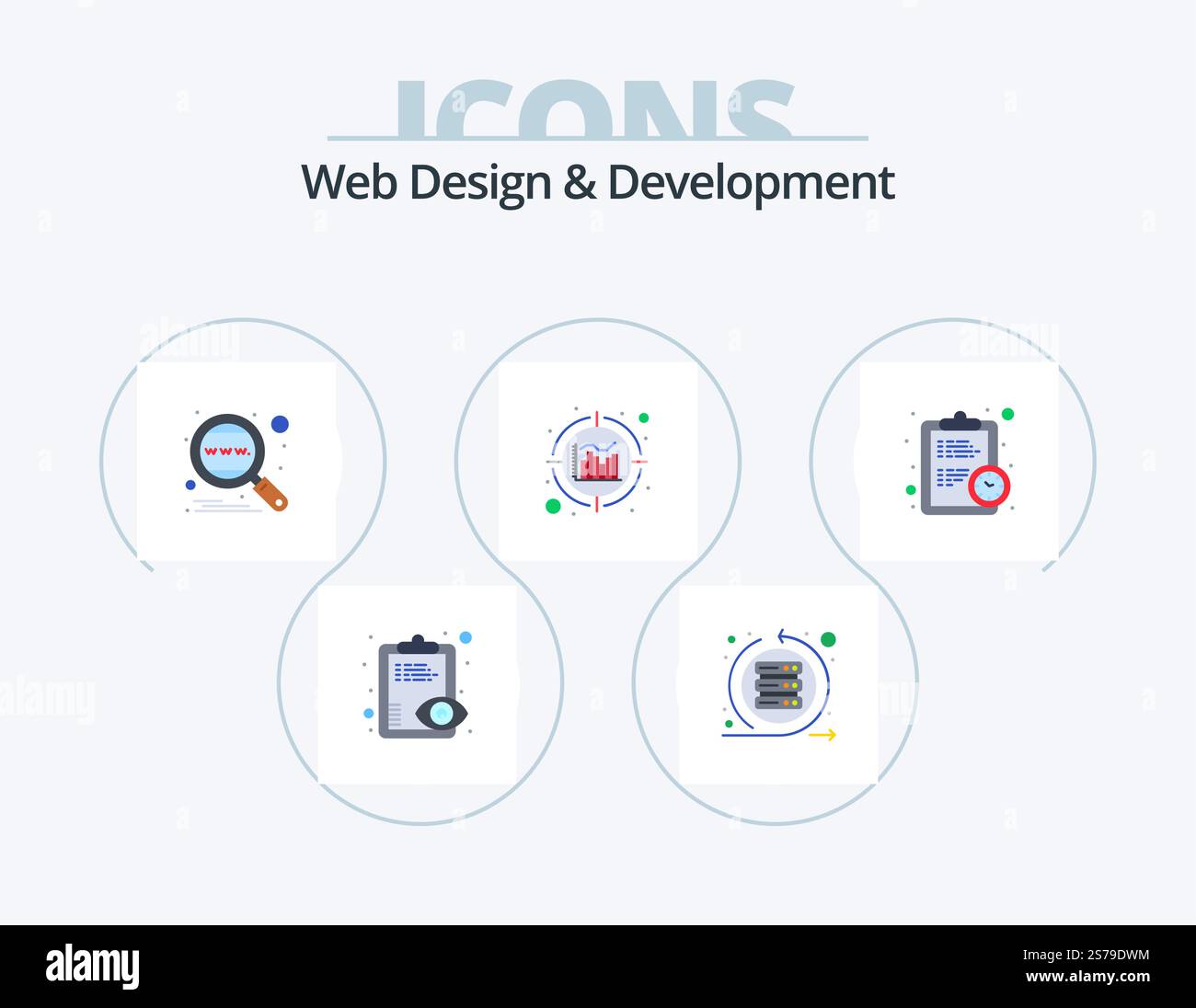 Web Design And Development Flat Icon Pack 5 Icon Design. clock. data. server. analytics. search Stock Vector