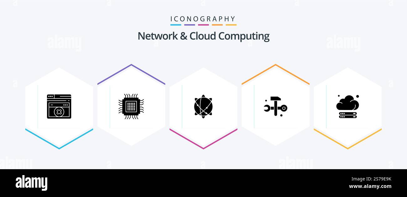 Network And Cloud Computing 25 Glyph icon pack including server. it solutions. computing. hammer. computing Stock Vector