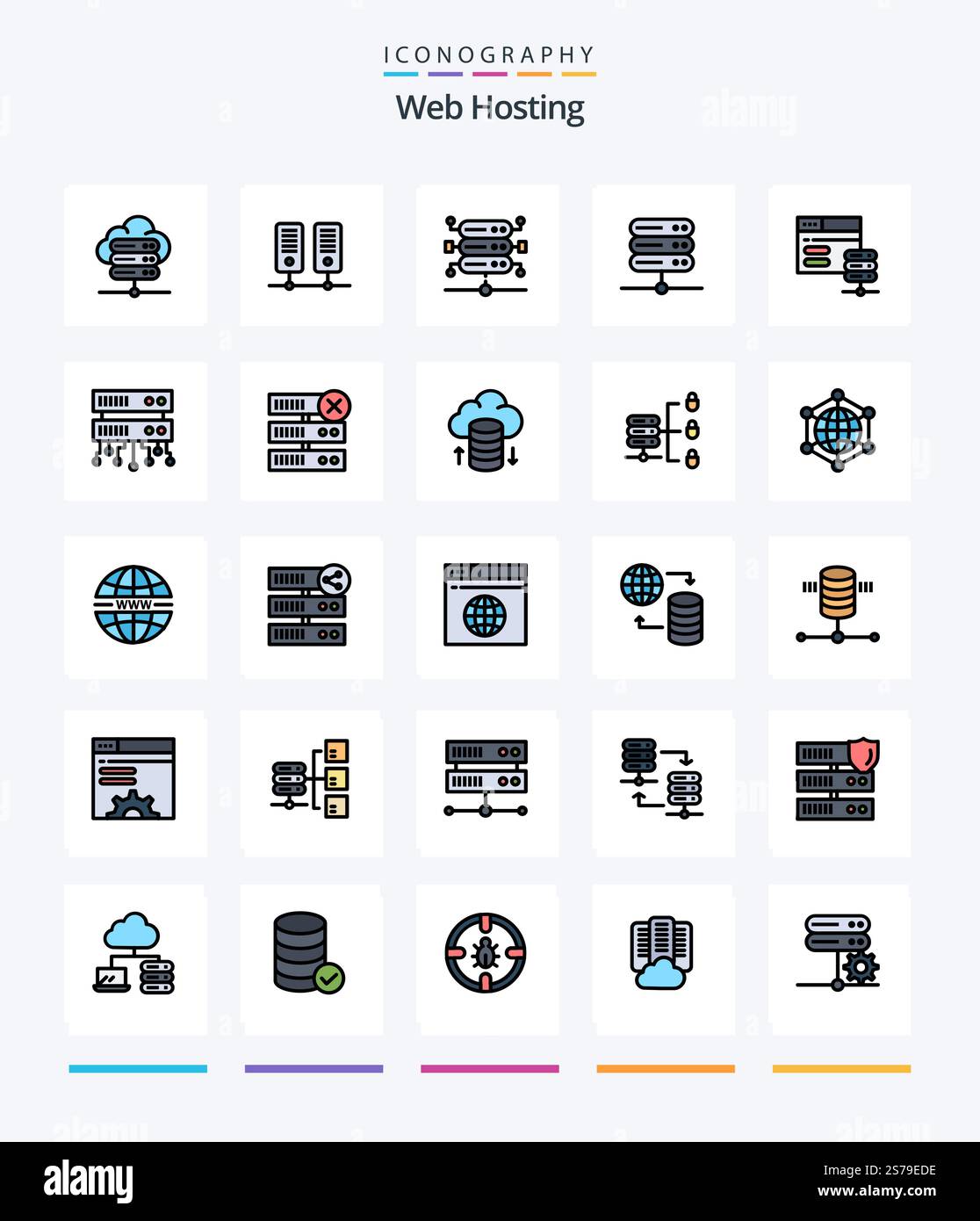 Creative Web Hosting 25 Line FIlled icon pack  Such As delete. shared web. server. shared server. web Stock Vector