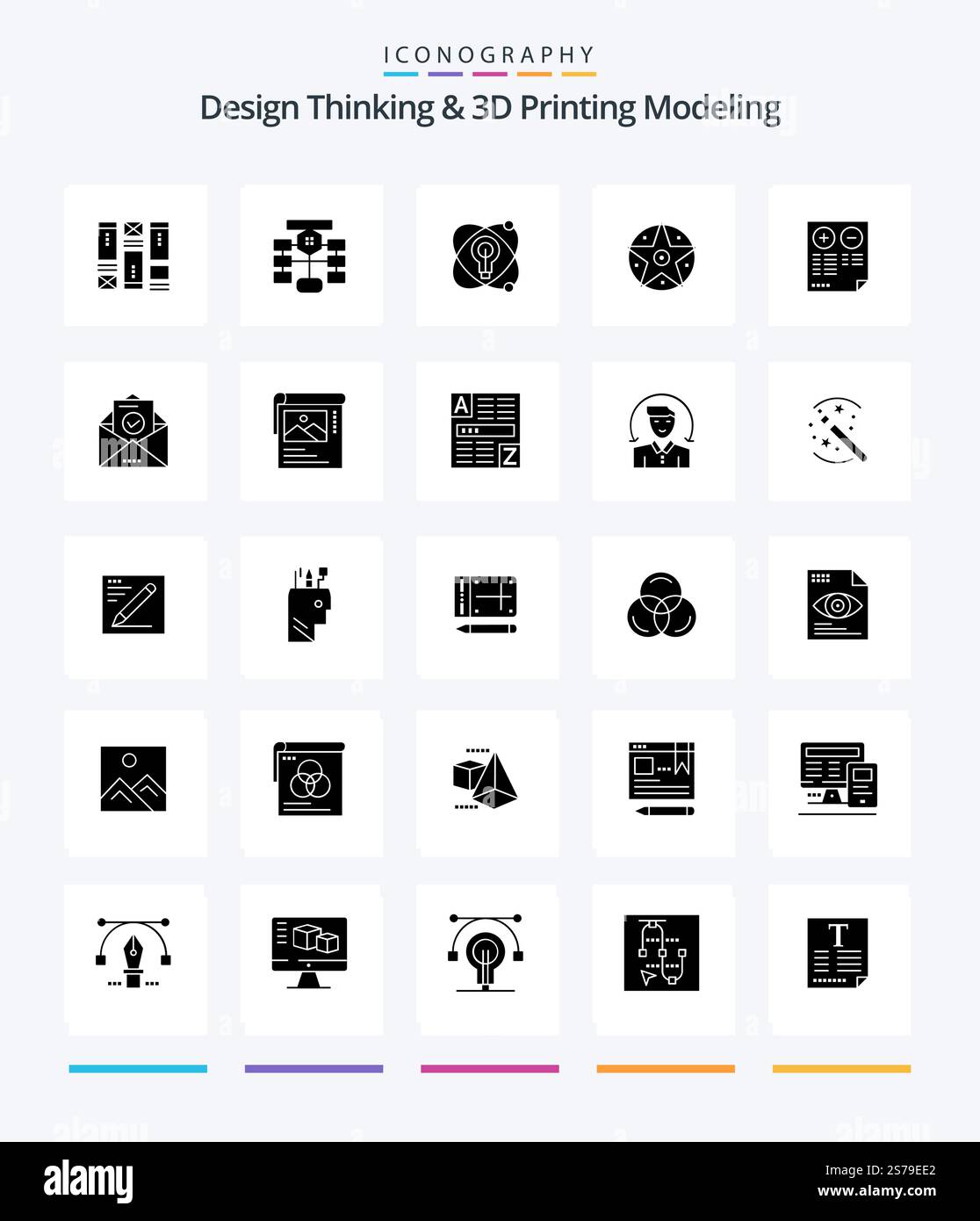Creative Design Thinking And D Printing Modeling 25 Glyph Solid Black icon pack  Such As pros. project. database. satanic. bulb Stock Vector
