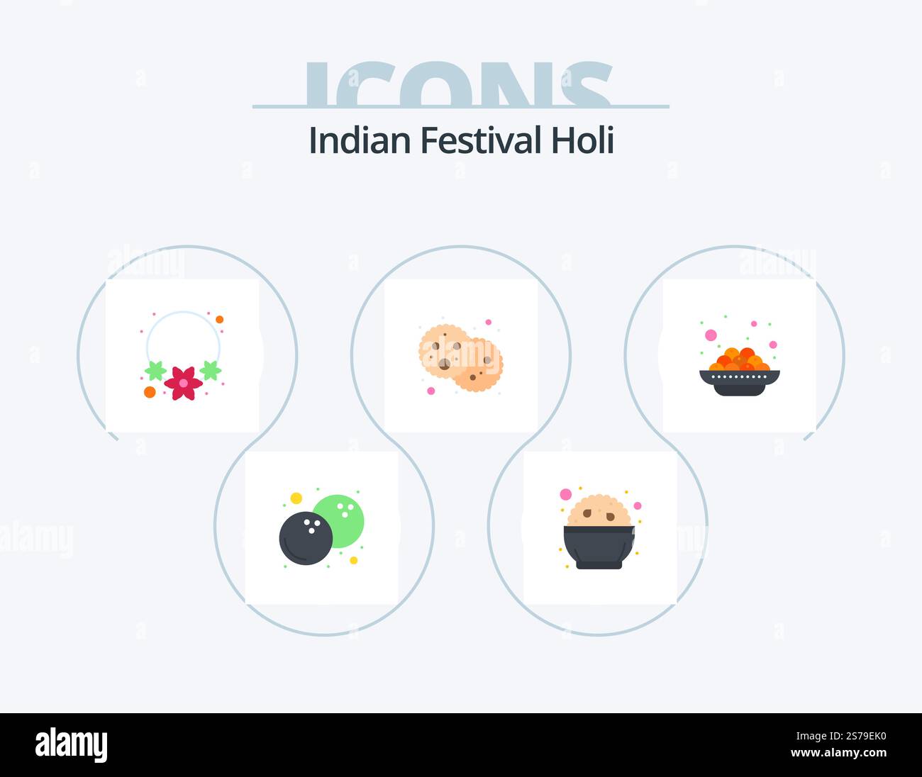 Holi Flat Icon Pack 5 Icon Design. vadas. india. necklace. cake. holi Stock Vector