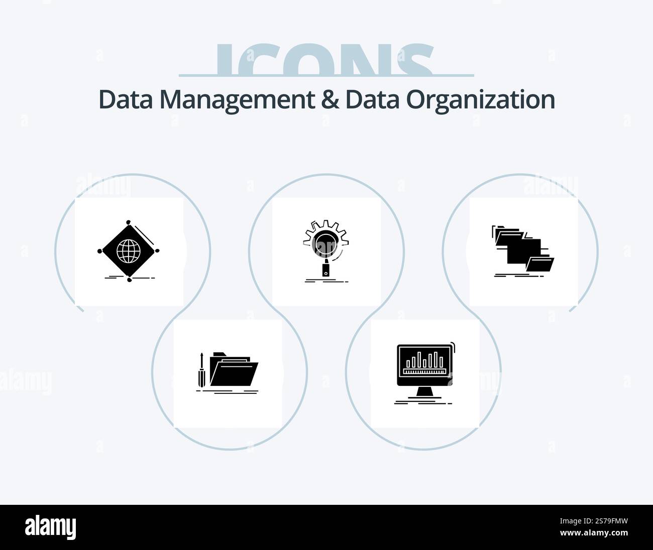 Data Management And Data Organization Glyph Icon Pack 5 Icon Design. optimization. seo. data. global. things Stock Vector