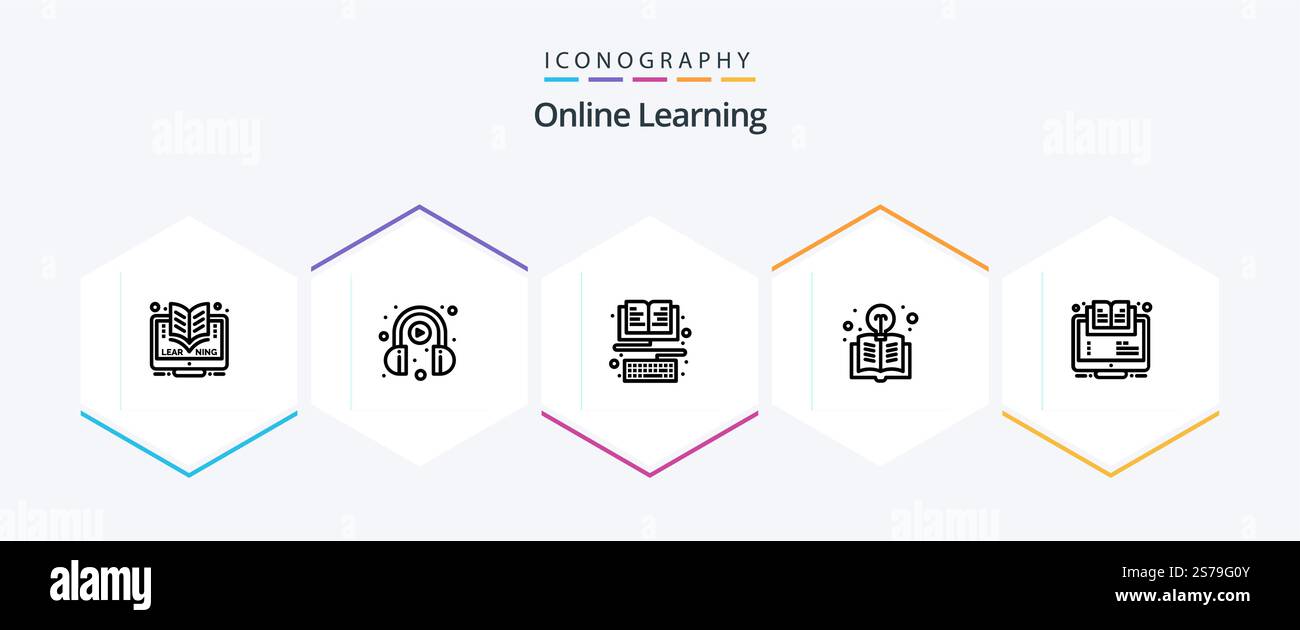 Online Learning 25 Line icon pack including e-learning. light bulb. book. light. book Stock Vector