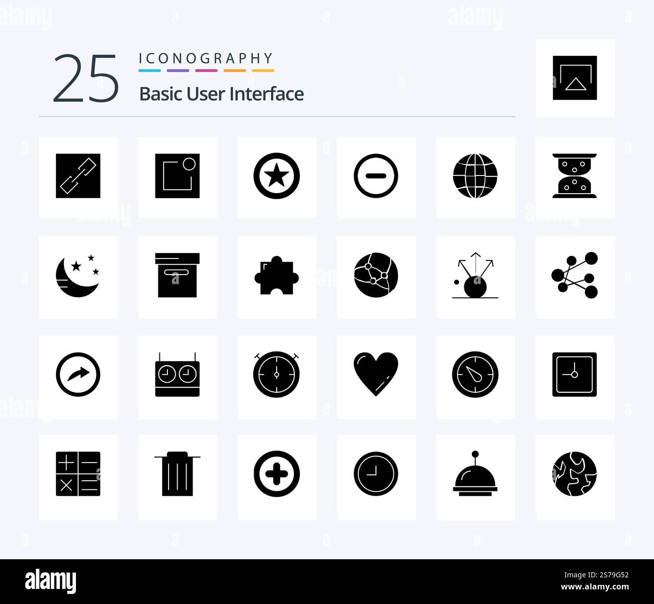 Basic 25 Solid Glyph icon pack including mode. loading. basic. hourglass. globe Stock Vector