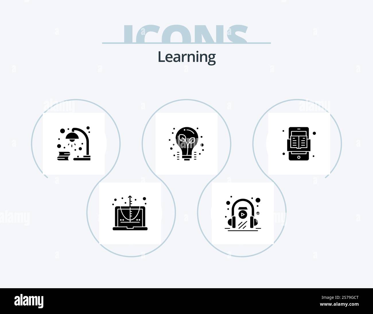Learning Glyph Icon Pack 5 Icon Design. book. light bulb. book. light. study Stock Vector