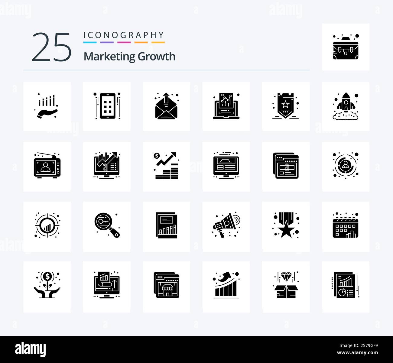 Marketing Growth 25 Solid Glyph icon pack including optimization. report. contact. graph. chart Stock Vector