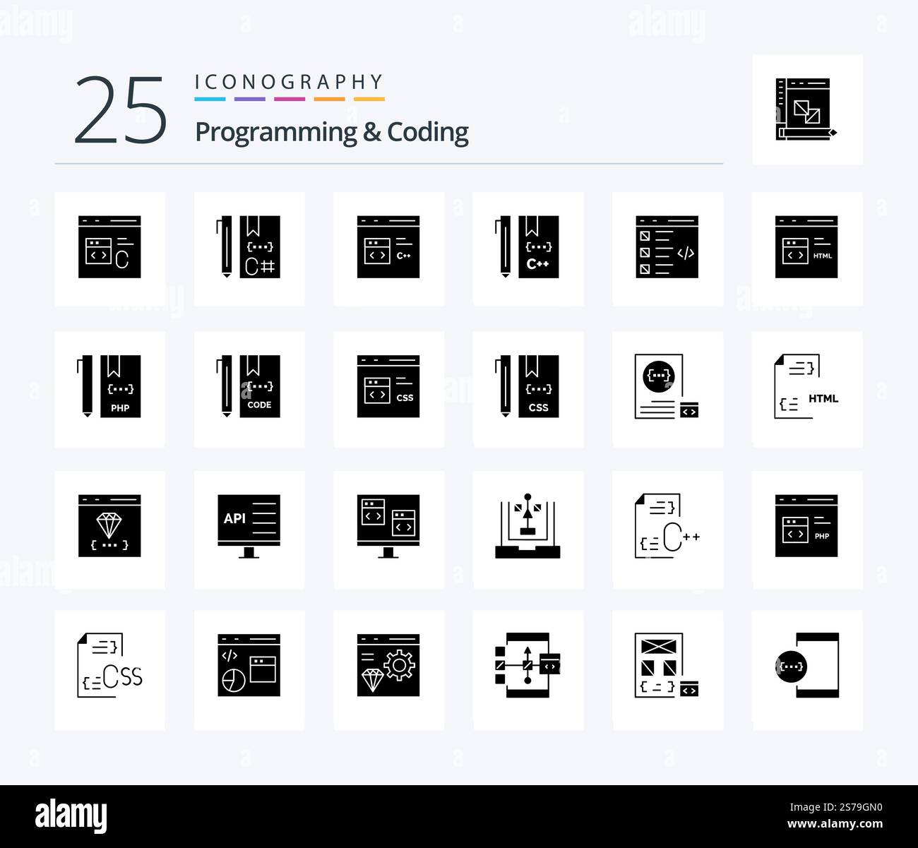 Programming And Coding 25 Solid Glyph icon pack including development. coding. development. html. develop Stock Vector