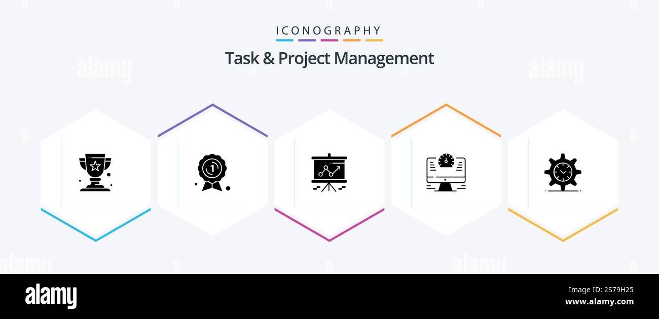 Task And Project Management 25 Glyph icon pack including time . computer . medal. presentation Stock Vector