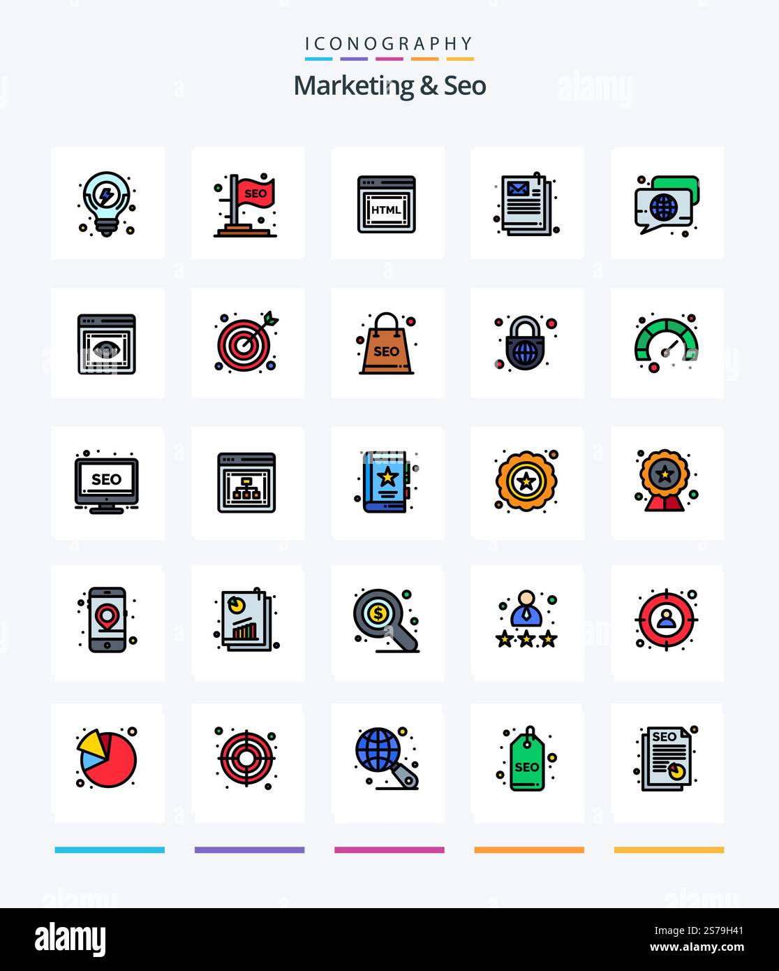 Creative Marketing And Seo 25 Line FIlled icon pack  Such As speech. chat. coding. bubble. email Stock Vector