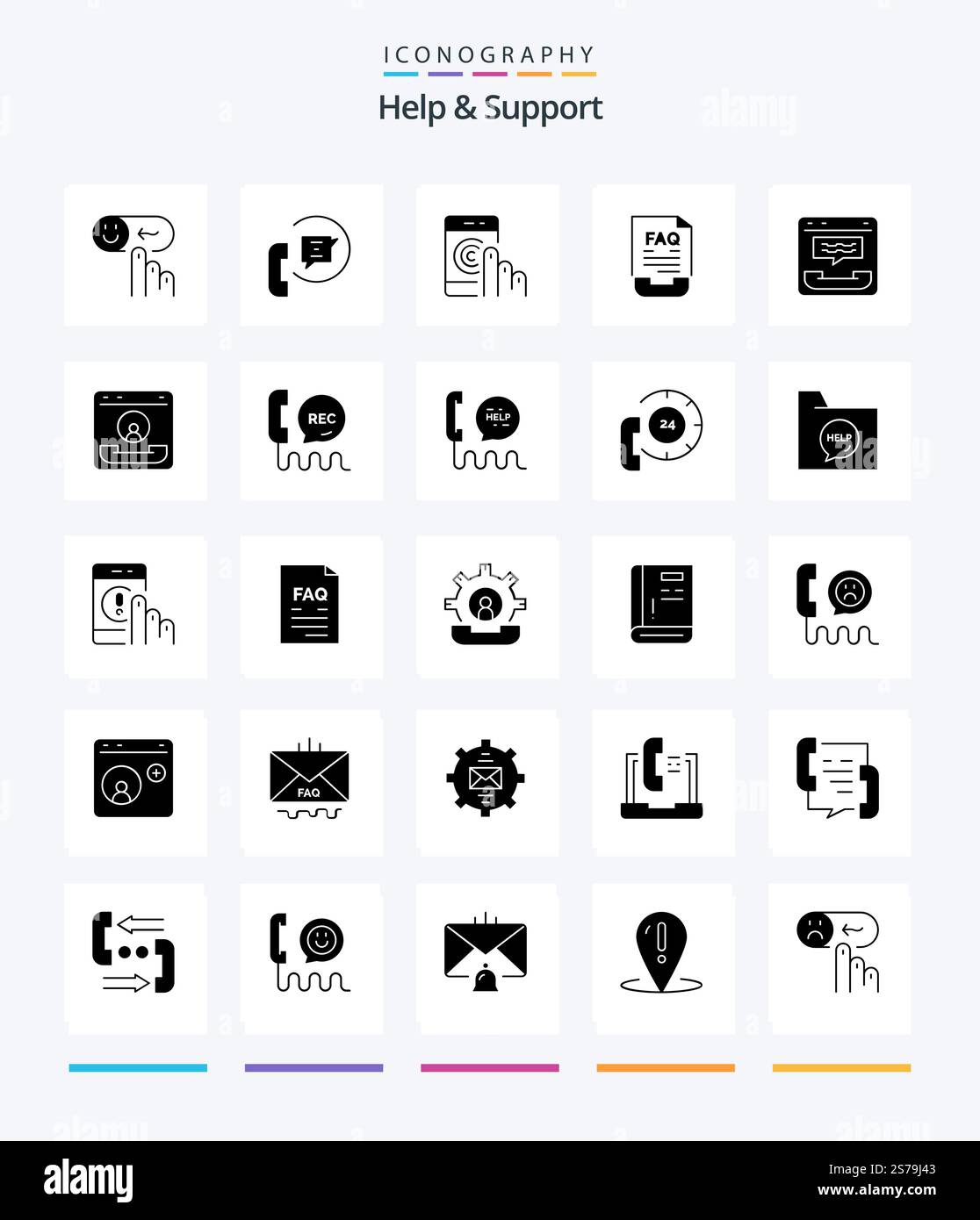 Creative Help And Support 25 Glyph Solid Black icon pack  Such As document. communication. phone. support. help Stock Vector