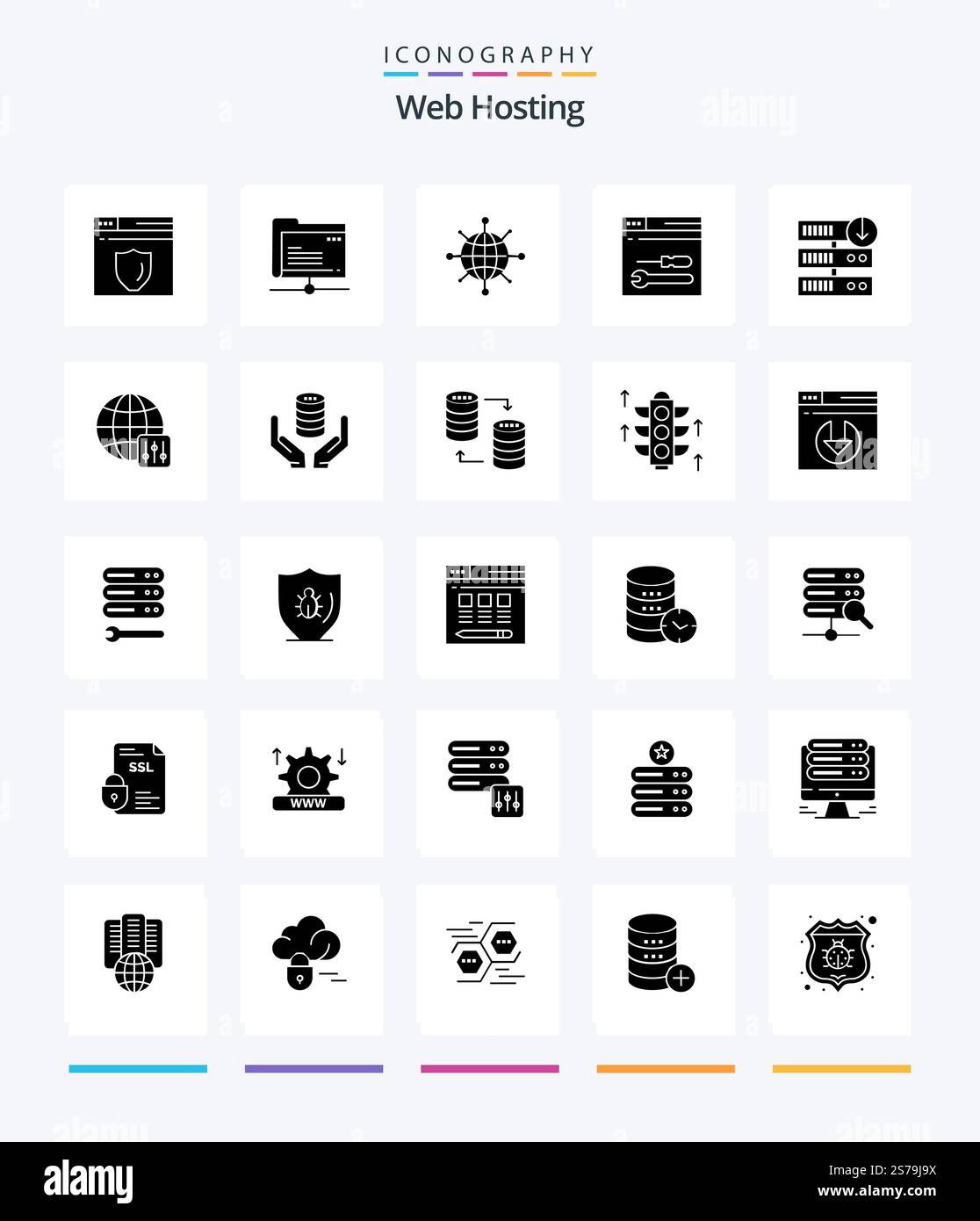 Creative Web Hosting 25 Glyph Solid Black icon pack  Such As web. service. storage. development. server Stock Vector