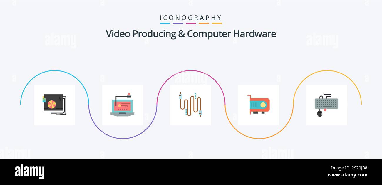 Video Producing And Computer Hardware Flat 5 Icon Pack Including computer. power. key. computer. cables Stock Vector