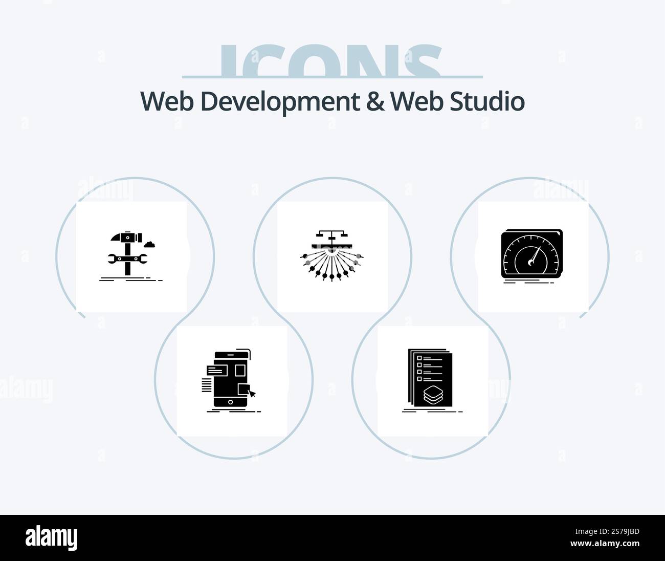 Web Development And Web Studio Glyph Icon Pack 5 Icon Design. site. optimization. listing. service. hammer Stock Vector