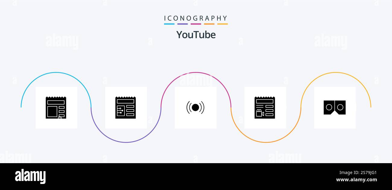 Youtube Glyph 5 Icon Pack Including glasses. camera. essential. video. document Stock Vector