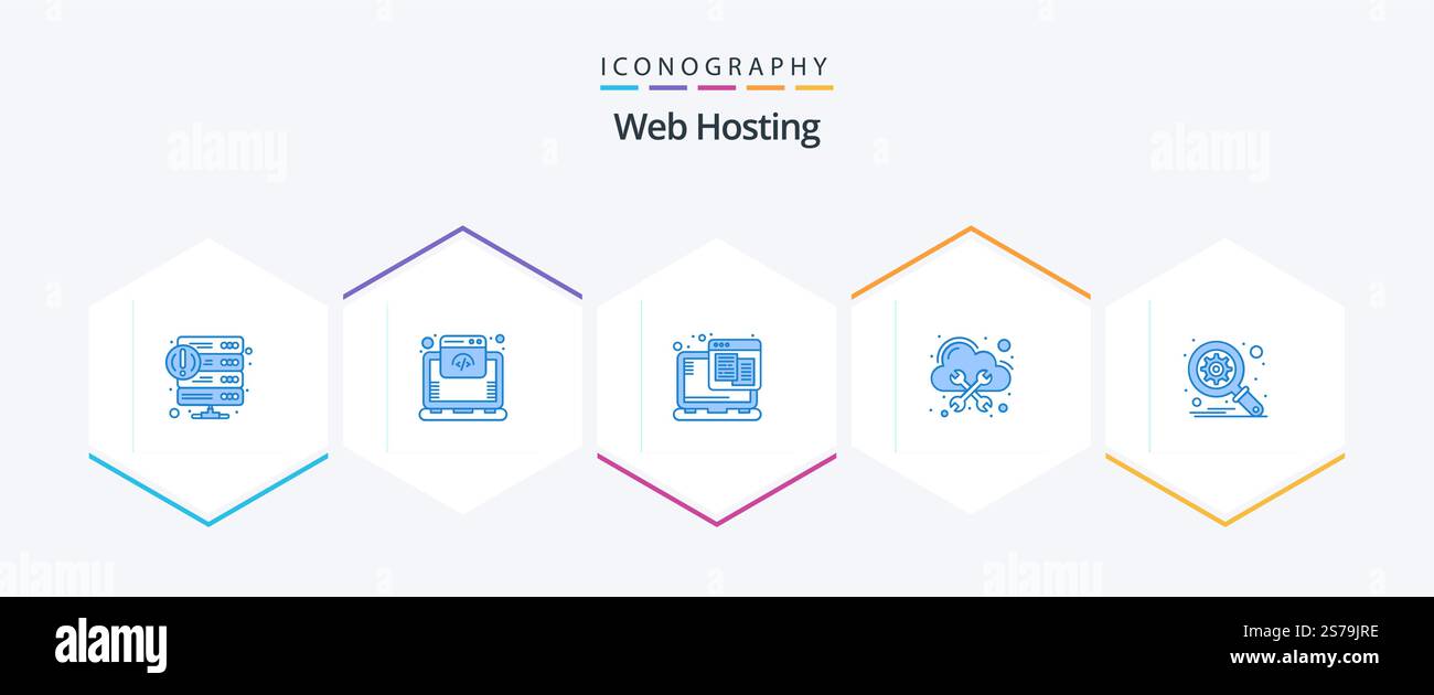 Web Hosting 25 Blue icon pack including database. management. online. hosting. web Stock Vector