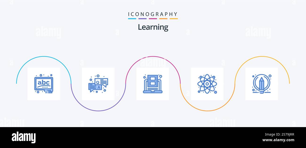 Learning Blue 5 Icon Pack Including writing. laboratory. education. atom. youtube Stock Vector