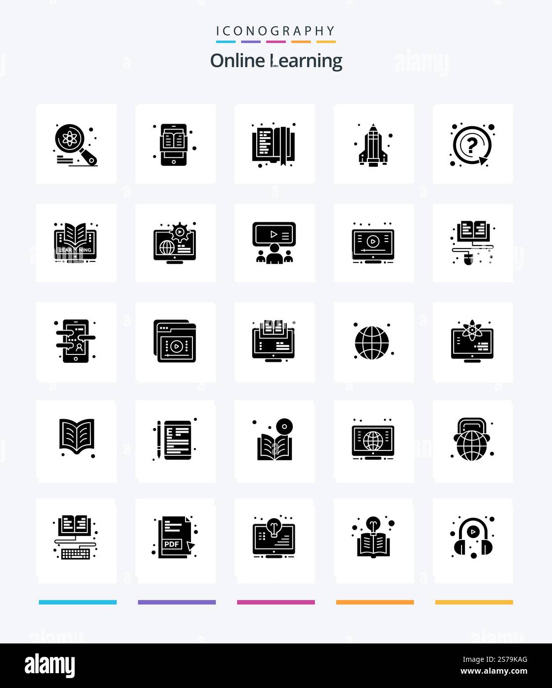 Creative Online Learning 25 Glyph Solid Black icon pack  Such As mark. science. e-learning. rocket. education Stock Vector
