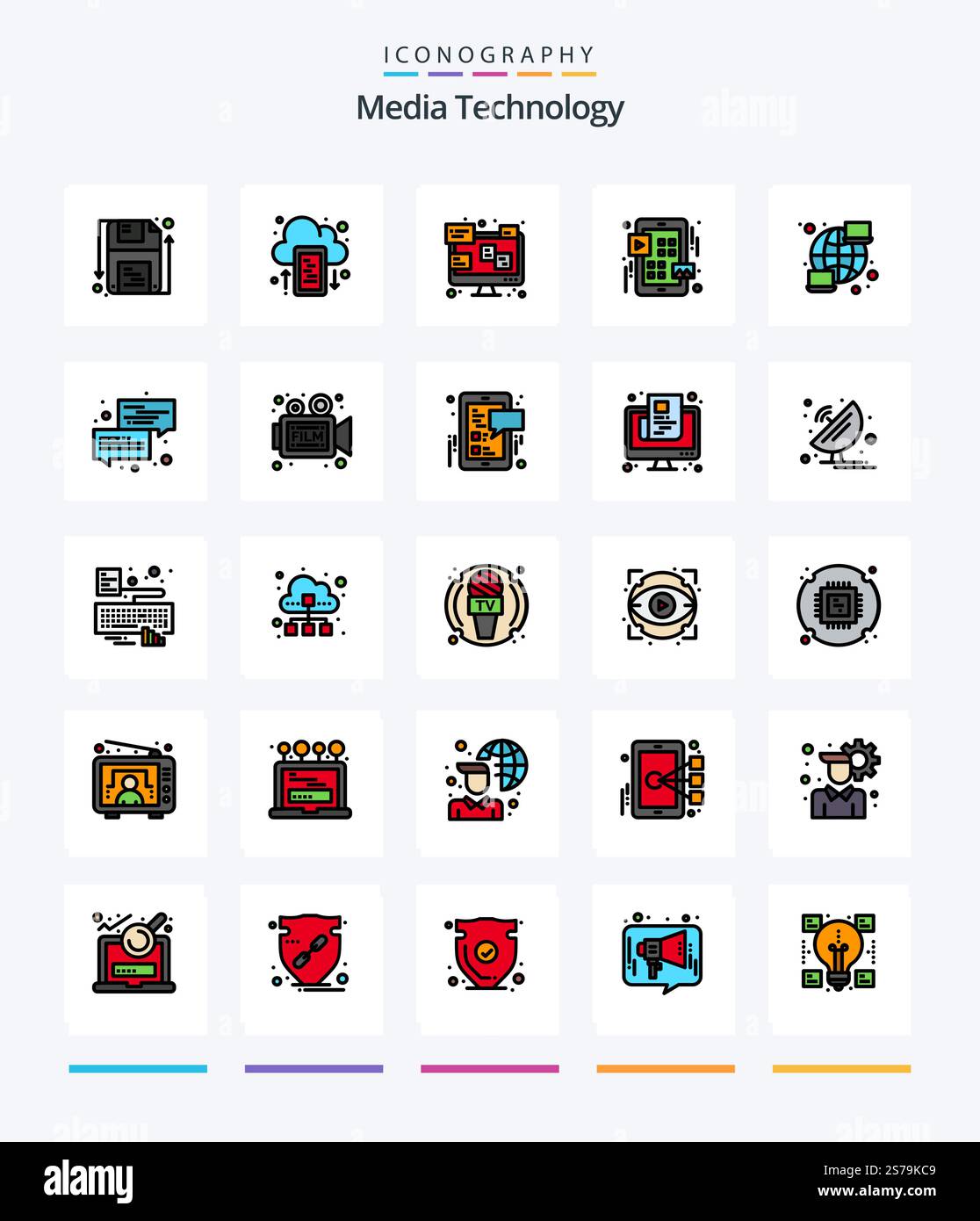 Creative Media Technology 25 Line FIlled icon pack  Such As computer. play. chat. ui. grid Stock Vector