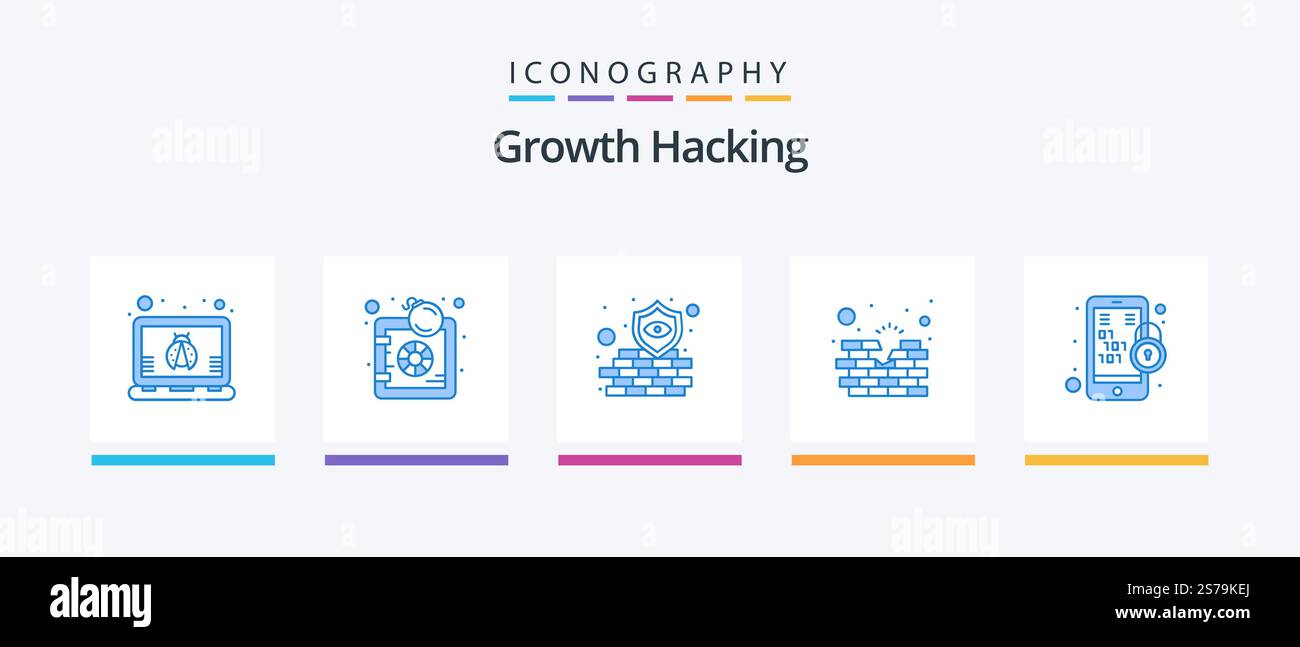 Hacking Blue 5 Icon Pack Including lock. binary code. firewall. wall. construction. Creative Icons Design Stock Vector
