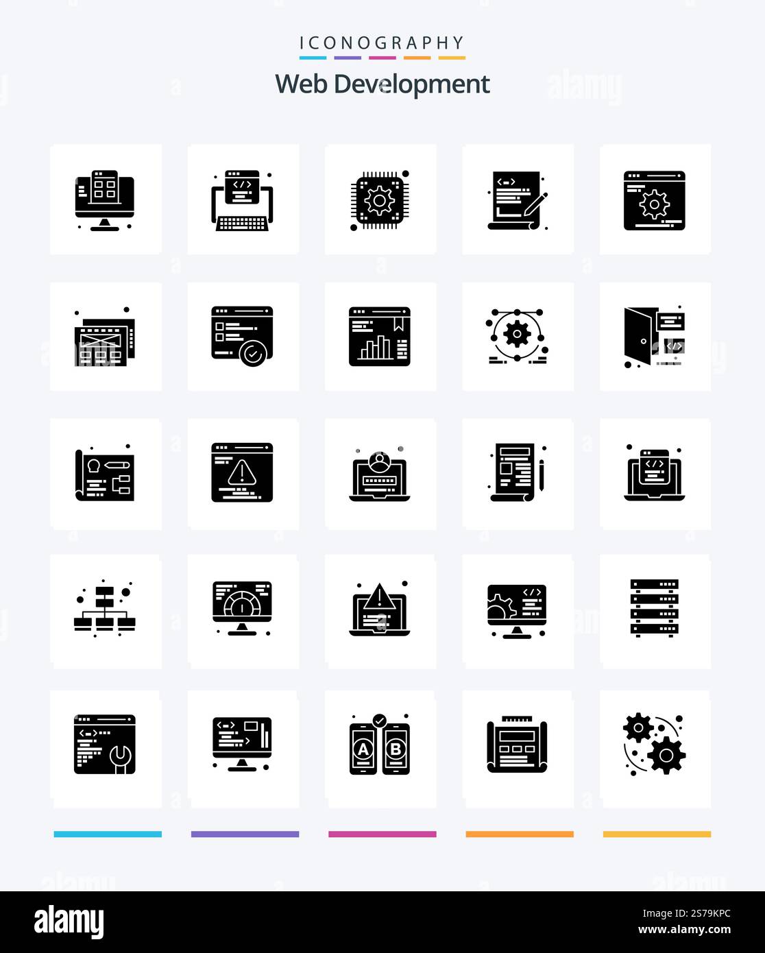 Creative Web Development 25 Glyph Solid Black icon pack  Such As development. web coding. chip. programming. coding Stock Vector