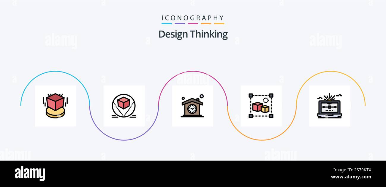 Design Thinking Line Filled Flat 5 Icon Pack Including processing. design. deliver. 3d.clock Stock Vector