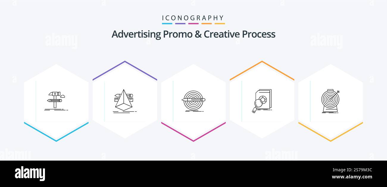 Advertising Promo And Creative Process 25 Line icon pack including financial. analysis. sketch. target. pencil Stock Vector