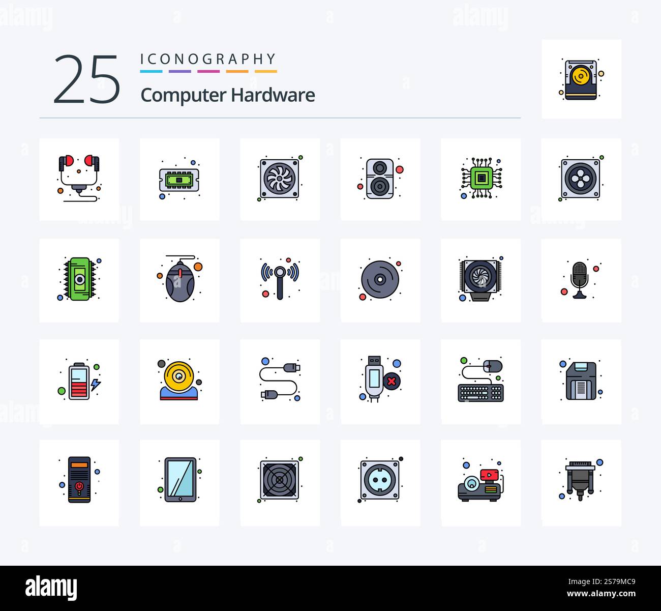 Computer Hardware 25 Line Filled icon pack including computer. speaker ...
