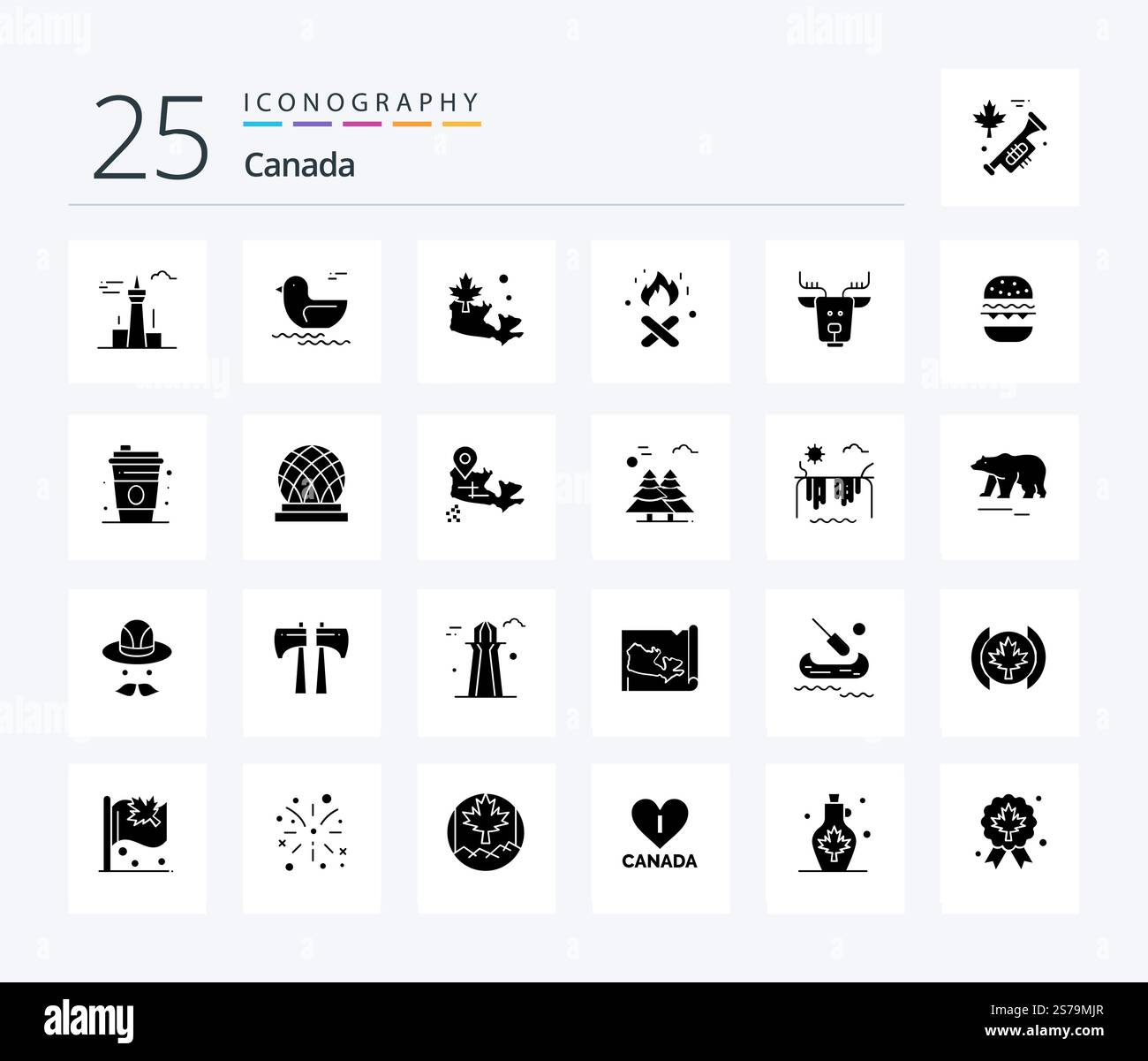 Canada 25 Solid Glyph icon pack including reindeer. arctic. map. alpine. fire place Stock Vector