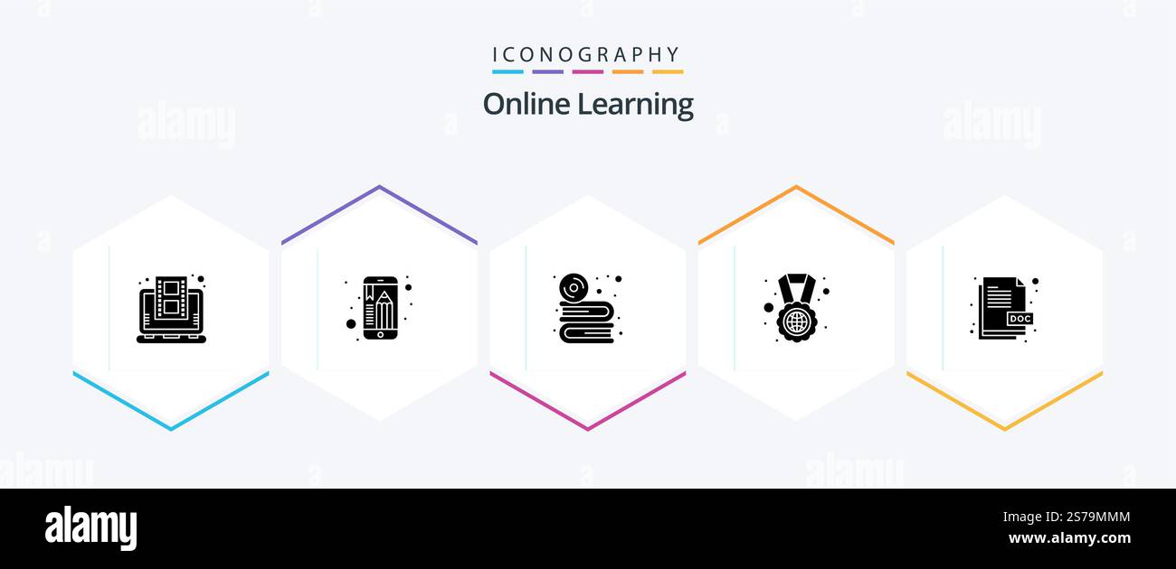 Online Learning 25 Glyph icon pack including doc. world. cd. study abroad. software Stock Vector