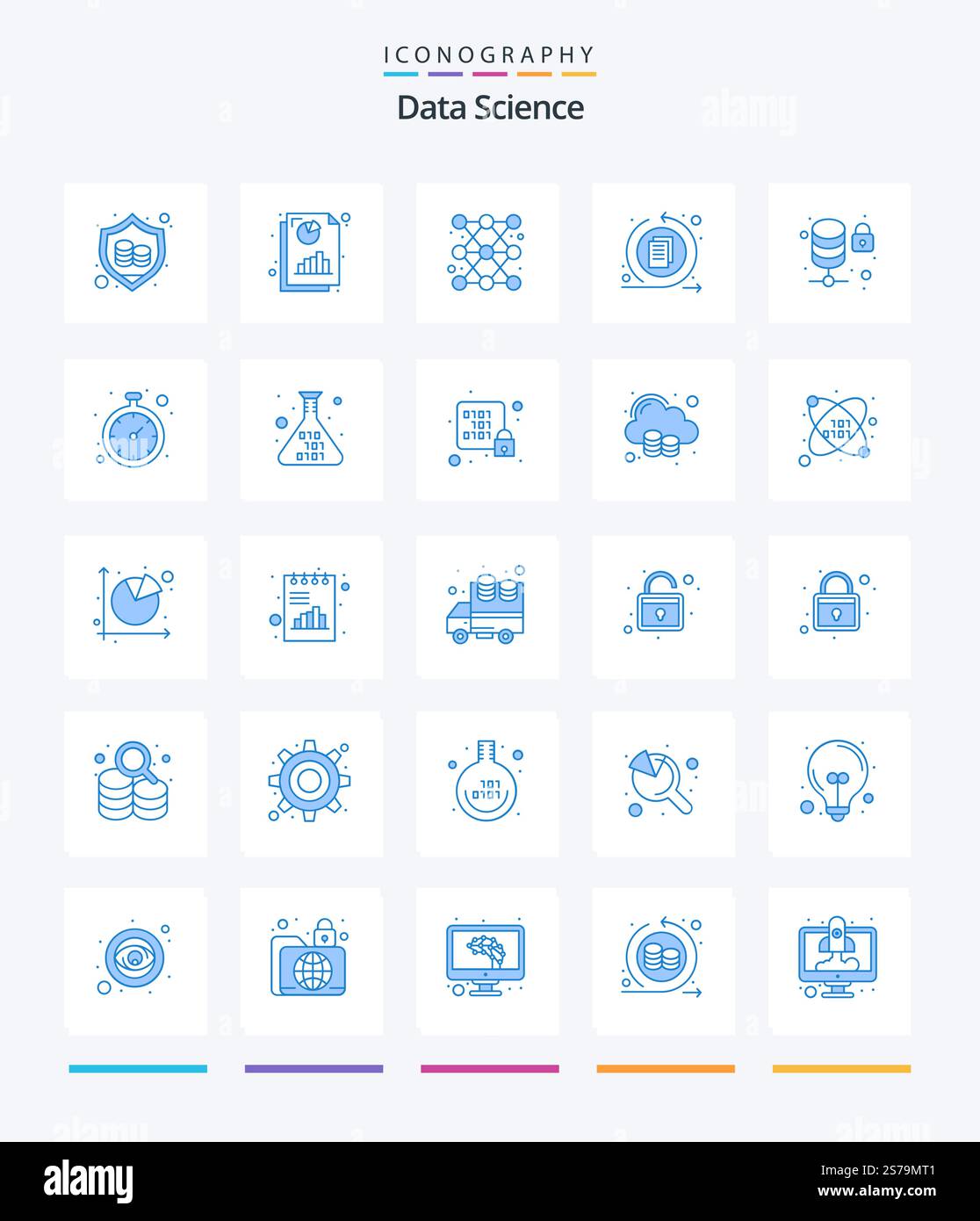 Creative Data Science 25 Blue icon pack  Such As lock. data process. bar. interface. report Stock Vector