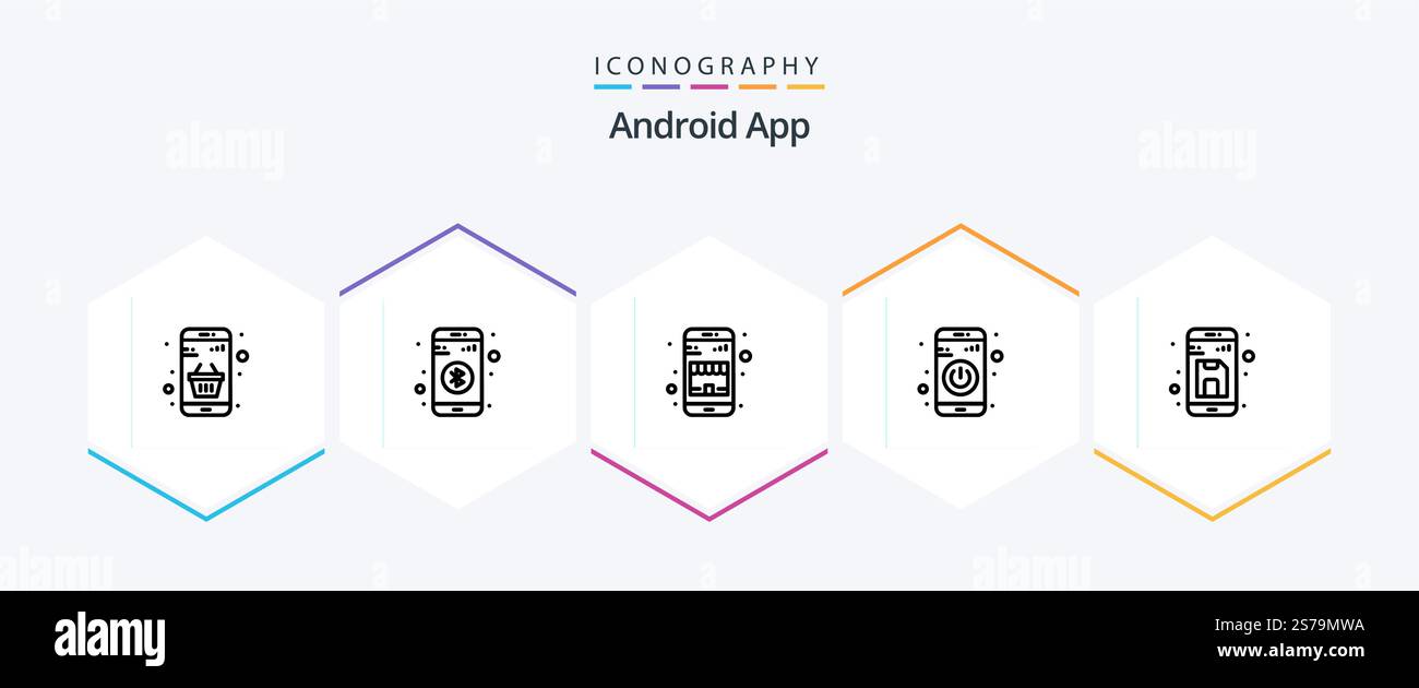 Android App 25 Line icon pack including back. turn off. sign. switch. shopping Stock Vector
