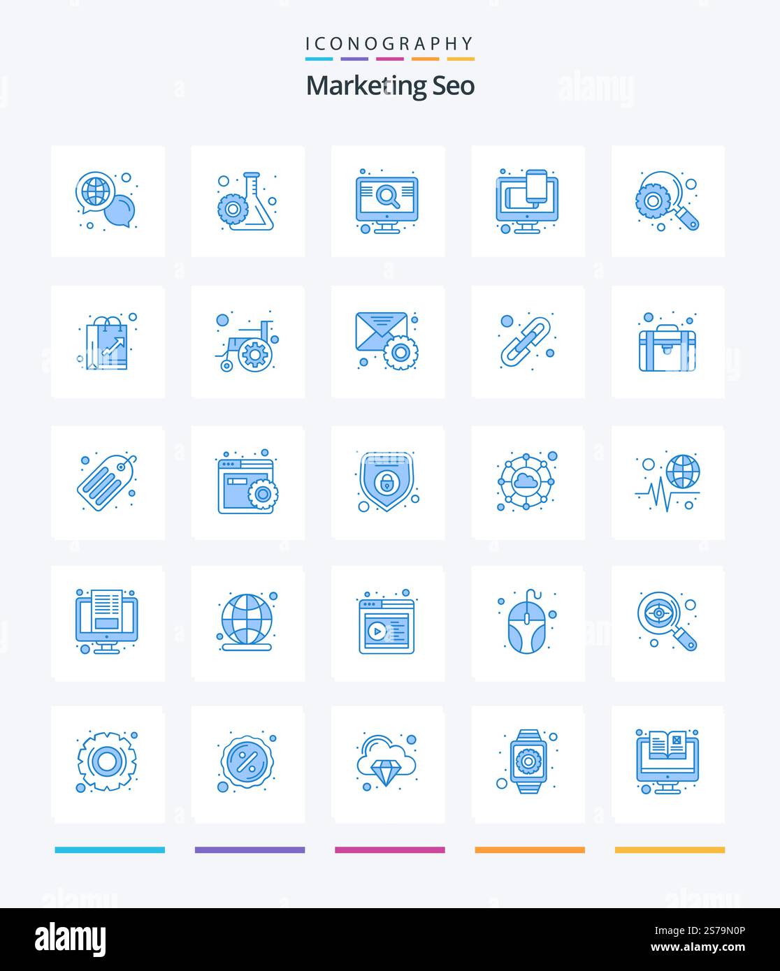 Creative Marketing Seo 25 Blue icon pack  Such As optimization. web design. engine. web. design Stock Vector