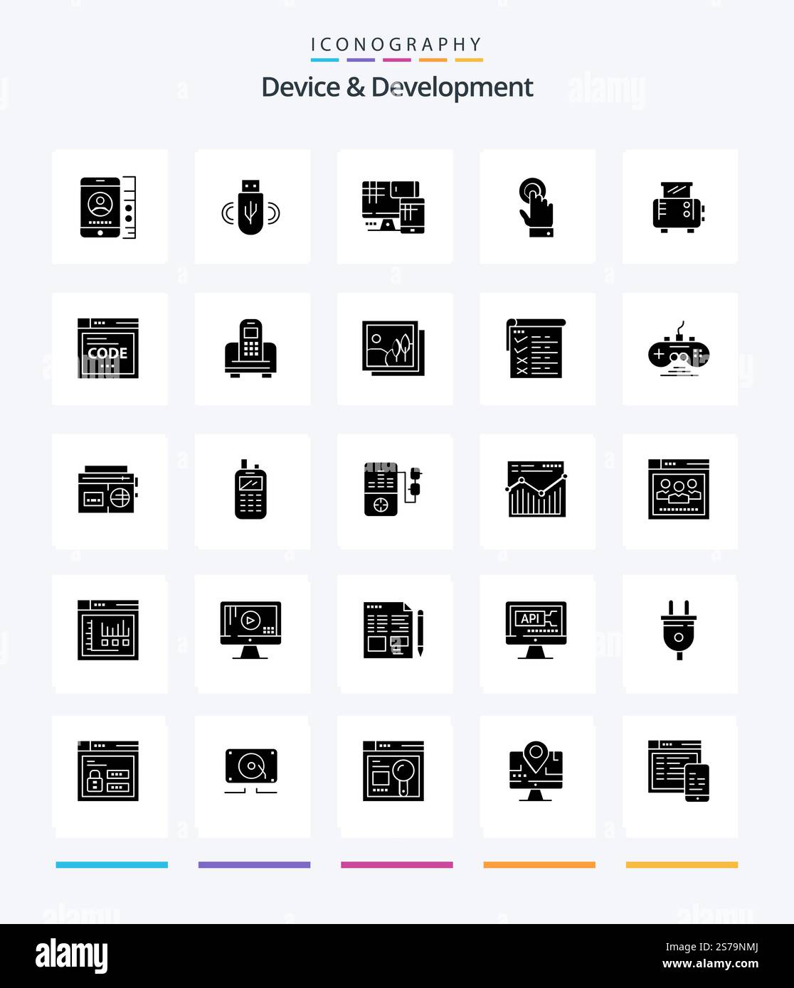Creative Device And Development 25 Glyph Solid Black icon pack  Such As toast machine. technology. computer. interface. toch Stock Vector